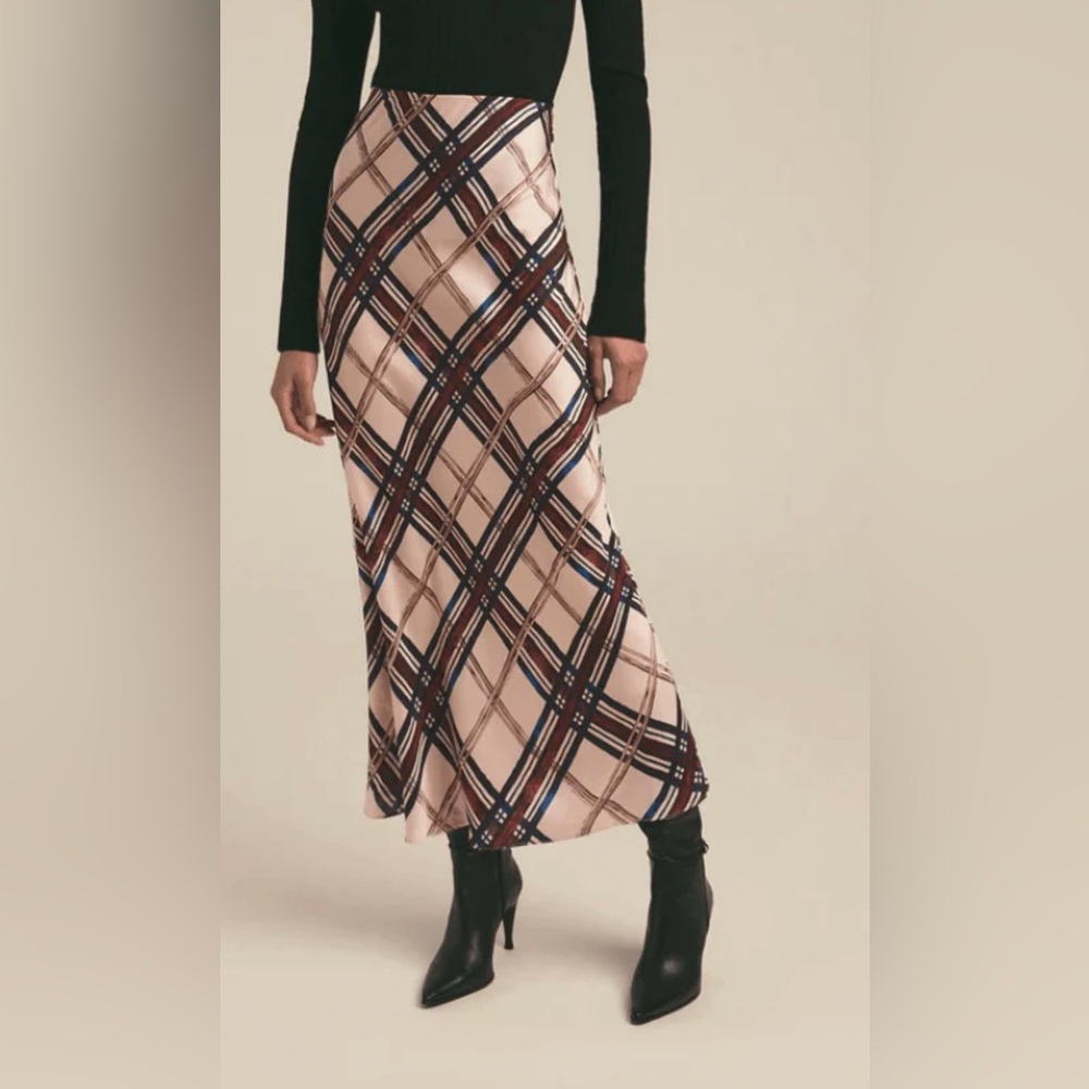 Satin Plaid Print Bias-Cut Maxi Skirt in Blush Pink